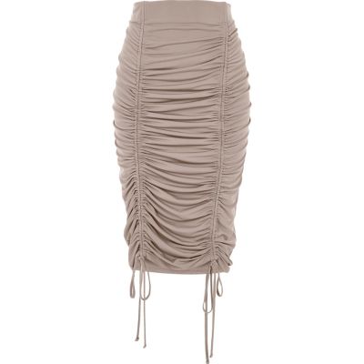 Beige ruched pencil skirt